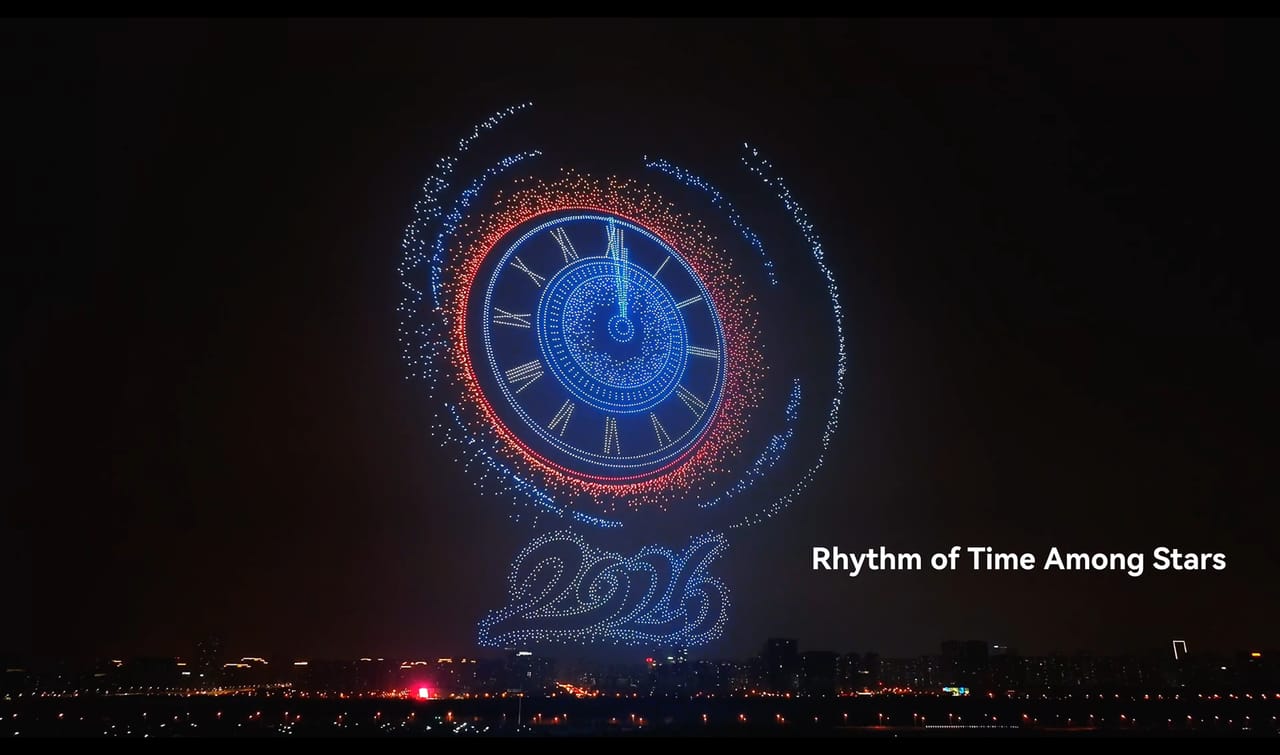 Flying horses soar through the sky, embarking on a journey upon the light. EHang Egret celebrates the New Year's Day with a drone formation light show.